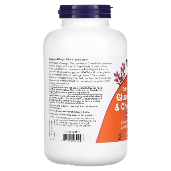 Препарат для суглобів і зв'язок NOW Glucosamine & Chondroitin Extra Strength, 240 таблеток. Фото 3