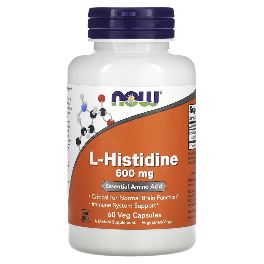 L-гістидин NOW L-Histidine 600 mg, 60 вегакапсул для підтримки мозку, серця, кісток