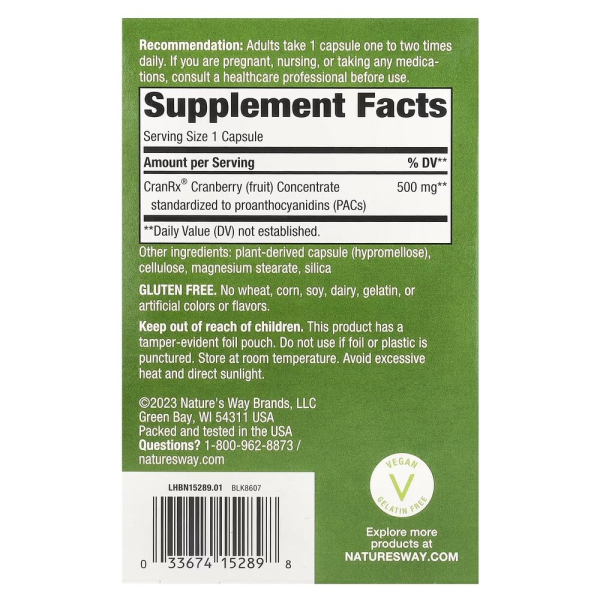 Біоактивна журавлина з пробіотиками Nature's Way CranRx Bioactive Cranberry 500 mg вітамін С, 30 капсул для підтримки сечовивідної системи. Фото 2