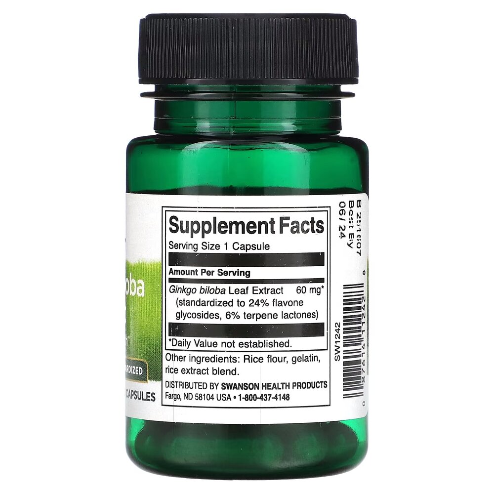 Екстракт листя гінкго білоба Swanson Ginkgo Biloba Extract 60 mg, 30 капсул для підтримки мозку та нервової системи. Фото 2