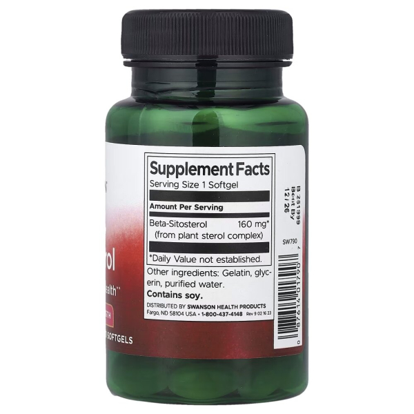 Бета-ситостерин Swanson Beta-Sitosterol 160 mg Maximum Strength, 60 капсул з комплексу фітостеролів. Фото 2