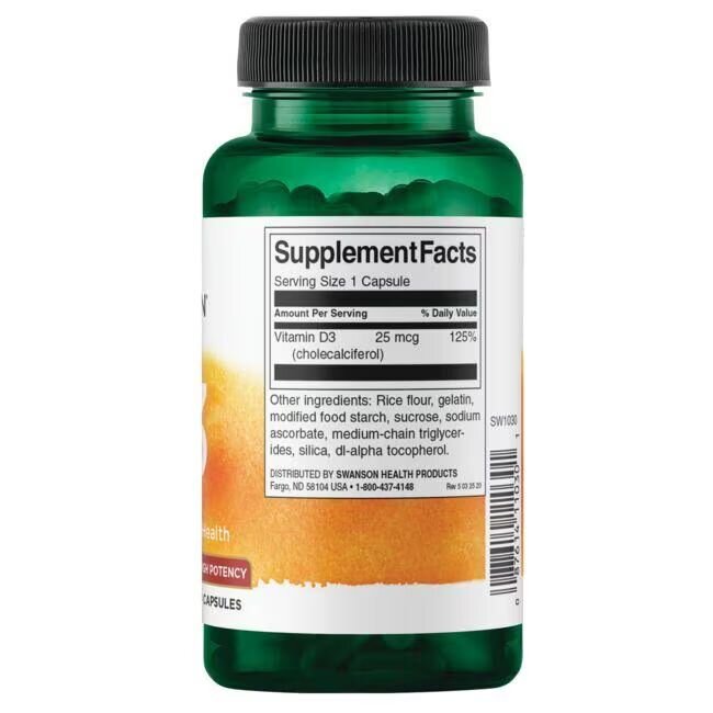 Холекальциферол Swanson Vitamin D3 1000 IU High Potency, 250 капсул для здоров'я кісток і імунітету. Фото 2