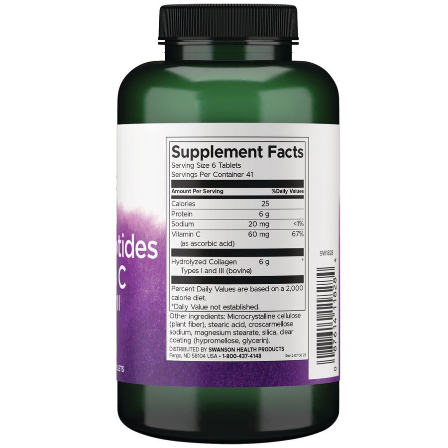 Гідролізований колаген типів Swanson Hydrolyzed Collagen Peptides + Vitamin C Types I and III, 250 таблеток. Фото 2