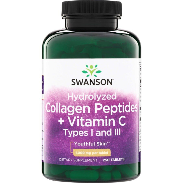 Гідролізований колаген типів Swanson Hydrolyzed Collagen Peptides + Vitamin C Types I and III, 250 таблеток