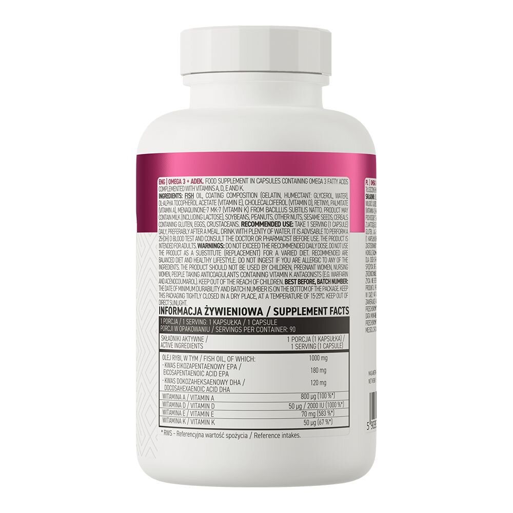 Жирні кислоти OstroVit Omega 3 + ADEK, 90 капсул. Фото 2