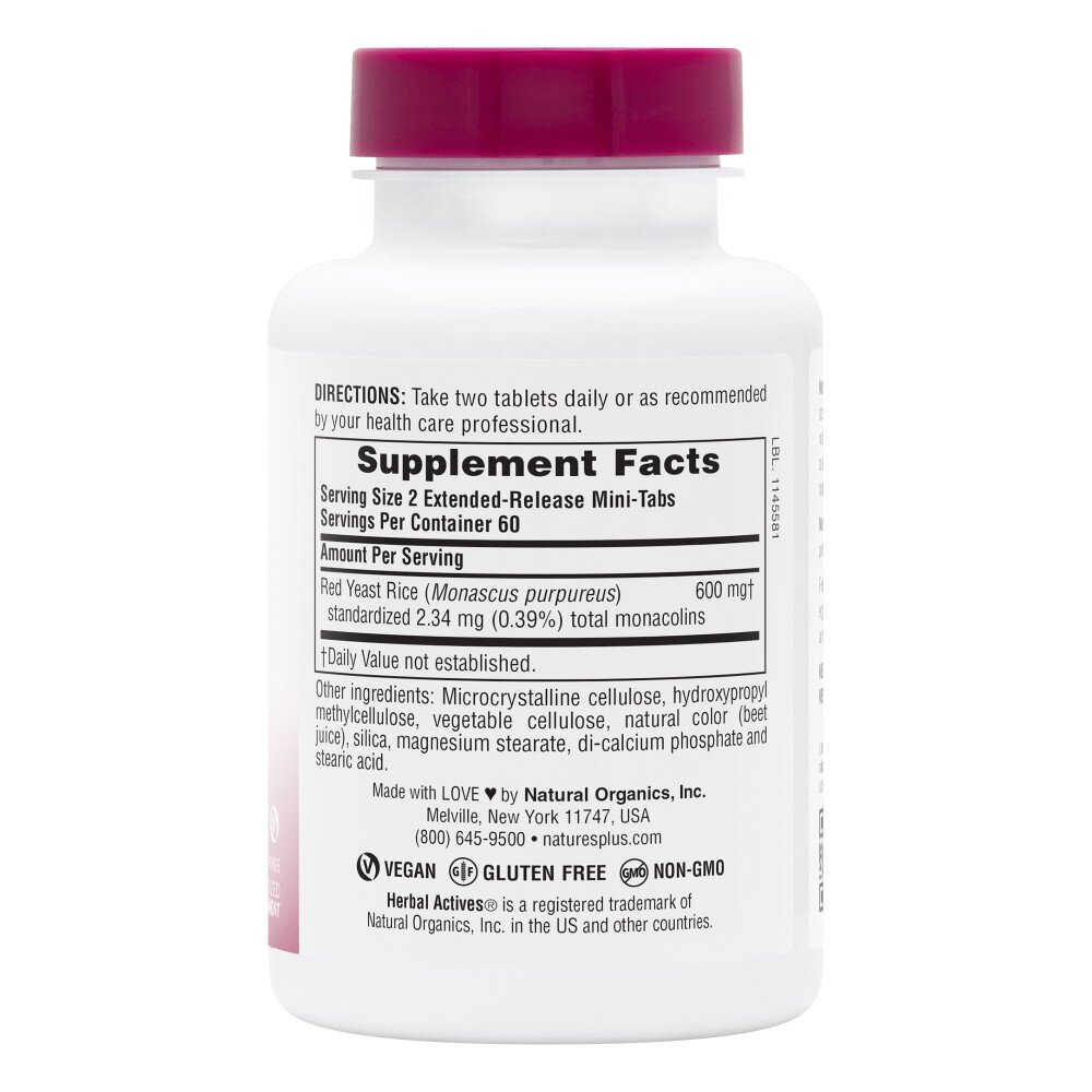Натуральна добавка Natures Plus Herbal Actives Red Yeast Rice 600 mg, 120 міні таблеток. Фото 2