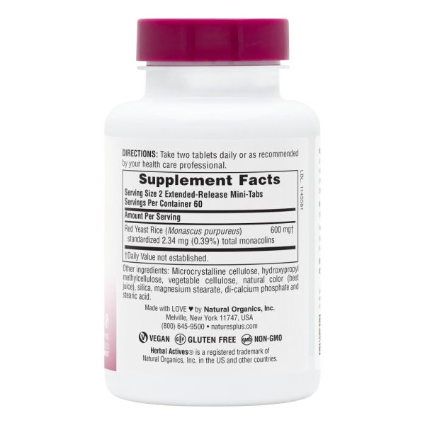 Натуральна добавка Natures Plus Herbal Actives Red Yeast Rice 600 mg, 120 міні таблеток. Фото 2