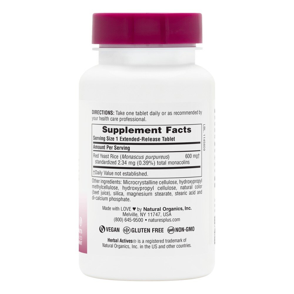 Натуральна добавка Natures Plus Herbal Actives Red Yeast Rice Extended Release, 30 таблеток. Фото 2