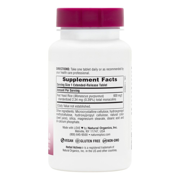 Натуральна добавка Natures Plus Herbal Actives Red Yeast Rice Extended Release, 30 таблеток. Фото 2