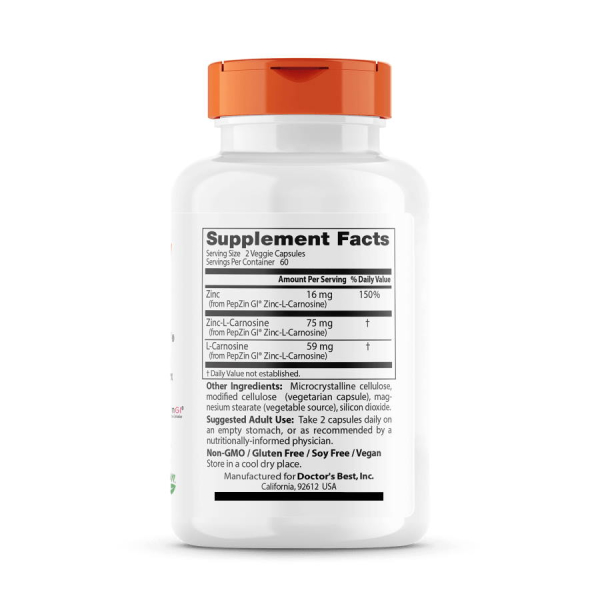 Вітаміни та мінерали Doctor's Best PepZin Gl, 120 вегакапсул. Фото 3
