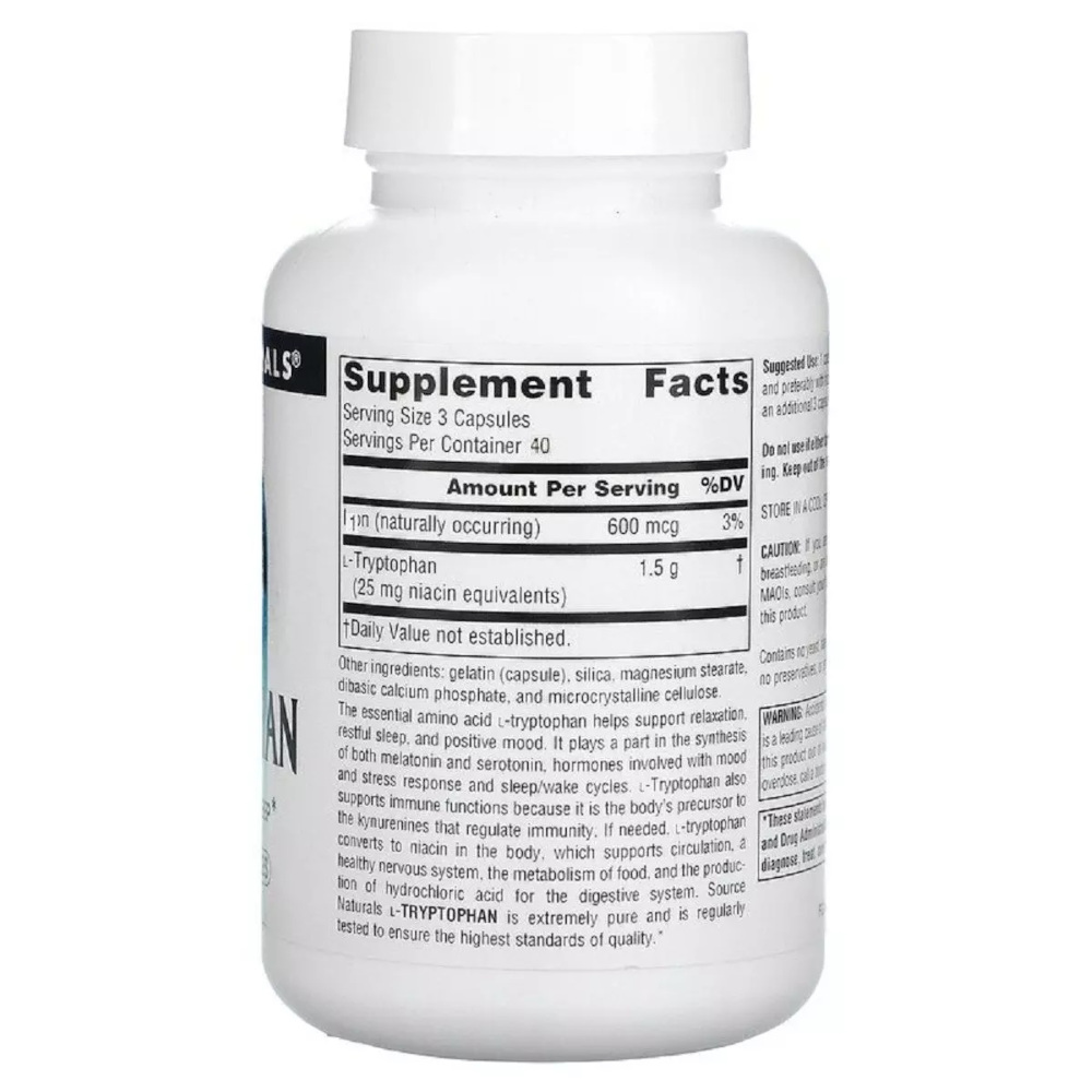 Амінокислота Source Naturals L-Tryptophan 500 mg, 120 капсул. Фото 2