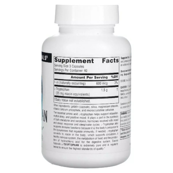 Амінокислота Source Naturals L-Tryptophan 500 mg, 120 капсул. Фото 2