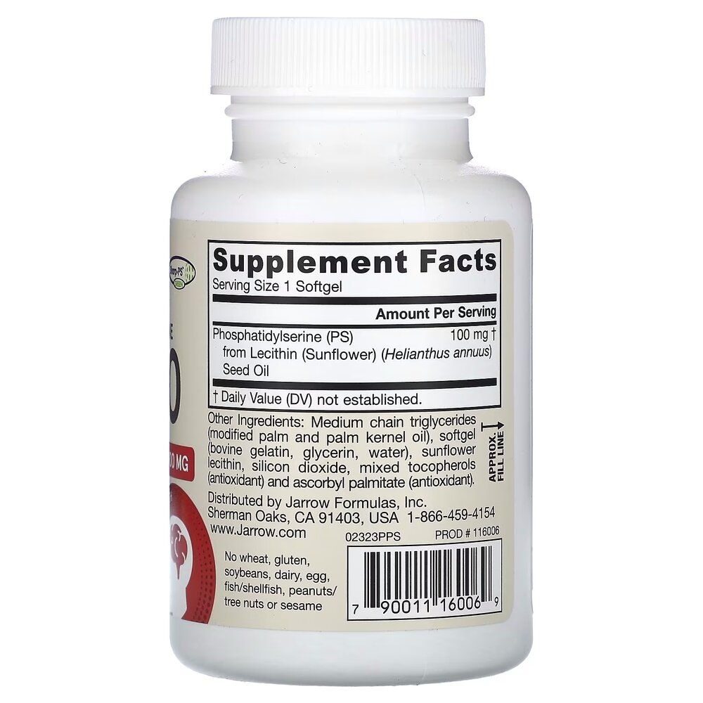 Фосфатидилсерин Jarrow Formulas PS100 100 mg, 60 капсул для підтримки мозку і когнітивних функцій. Фото 2