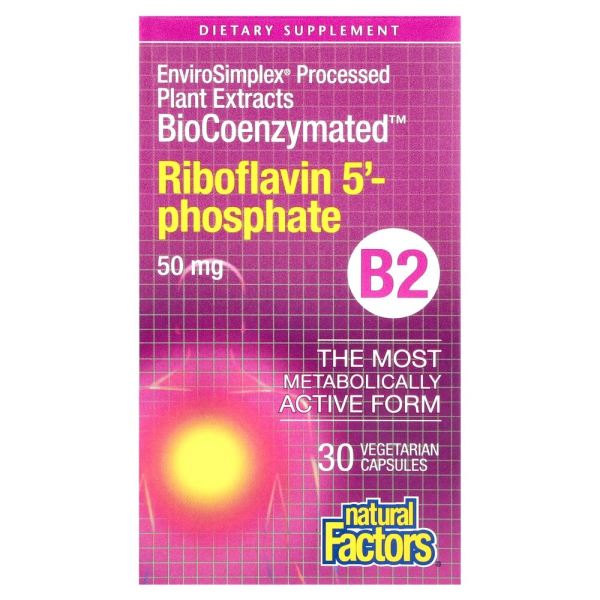 Рибофлавін 5'-фосфат Natural Factors BioCoenzymated Riboflavin 5' Phosphate 50 mg, 30 капсул активный витамин B2 для энергии и кожи