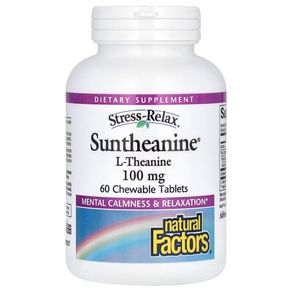 L-теанін Natural Factors Stress-Relax Suntheanine L-Theanine 100 mg, 60 жувальних таблеток для покращення сну