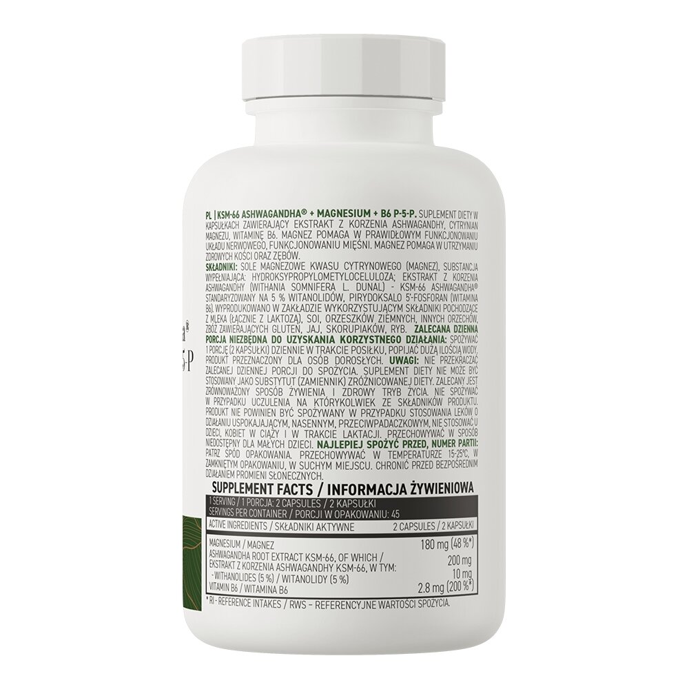 Натуральна добавка OstroVit Vege KSM-66 Ashwagandha + Magnesium + B6 P-5-P, 90 капсул. Фото 2