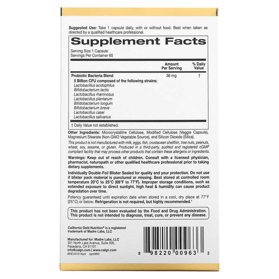 Пробіотики і пребіотики California Gold Nutrition LactoBif 5 Probiotics, 60 вегакапсул. Фото 2