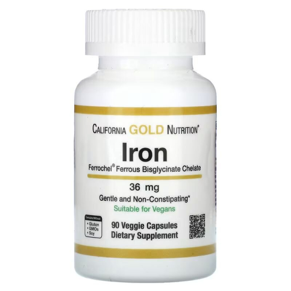 Хелат бісгліцинату заліза California Gold Nutrition Ferrochel Iron Bisglycinate 36 mg, 90 вегакапсул