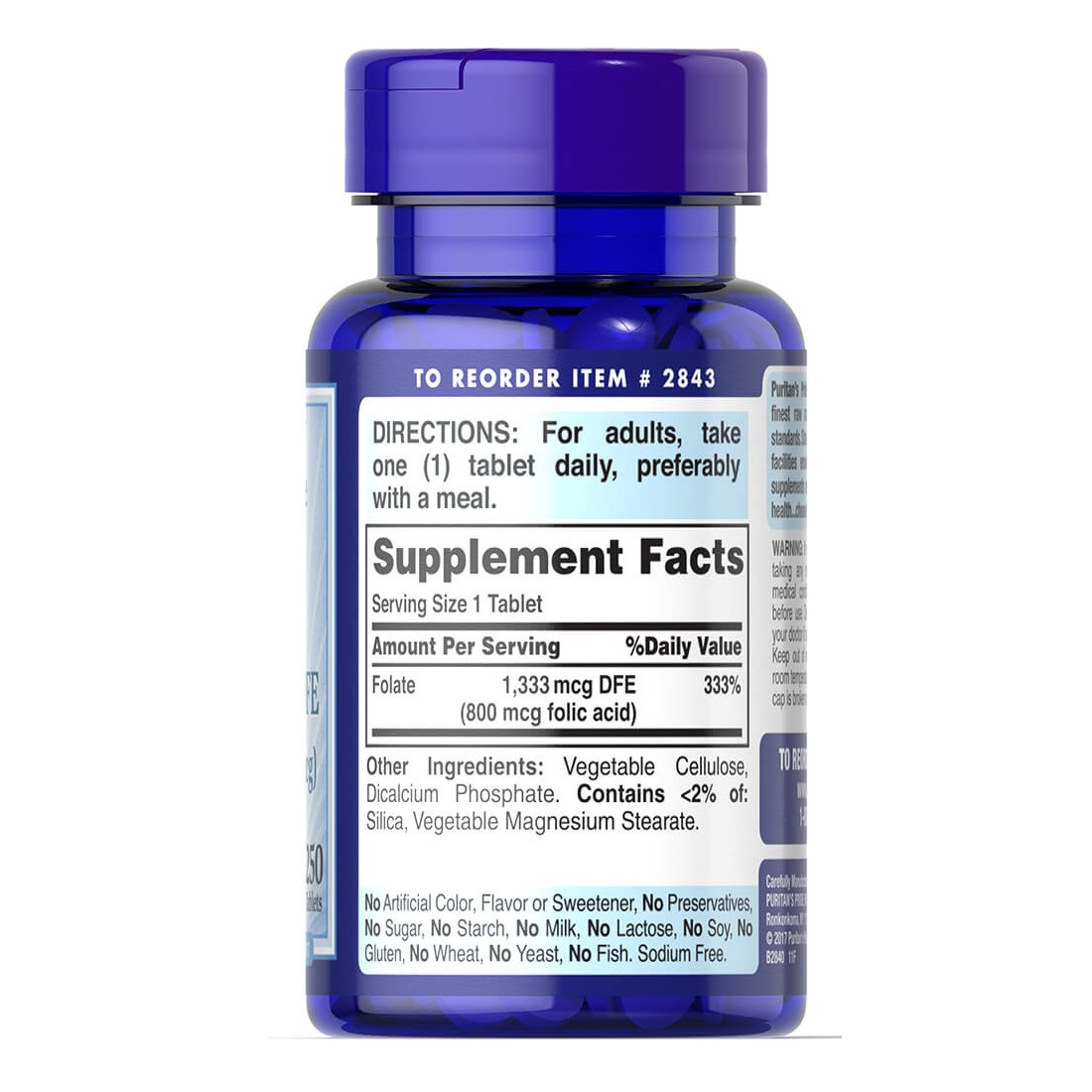 Витамины и минералы Puritan's Pride Folic Acid 800 mcg, 250 таблеток. Фото 2