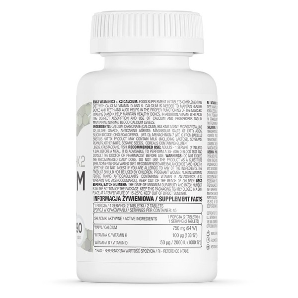 Вітаміни та мінерали OstroVit Vitamin D3+K2 Calcium, 90 таблеток. Фото 2