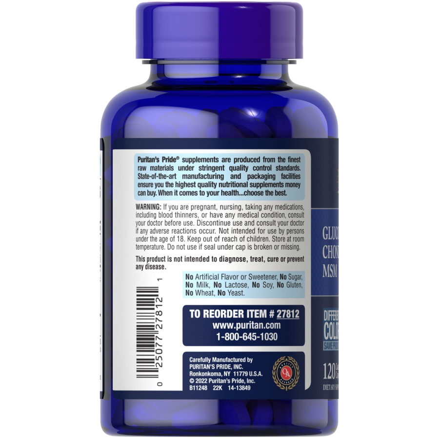 Препарат для суставов и связок Puritan's Pride Glucosamine Chondroitin MSM 3 Per Day Formula, 120 каплет. Фото 3