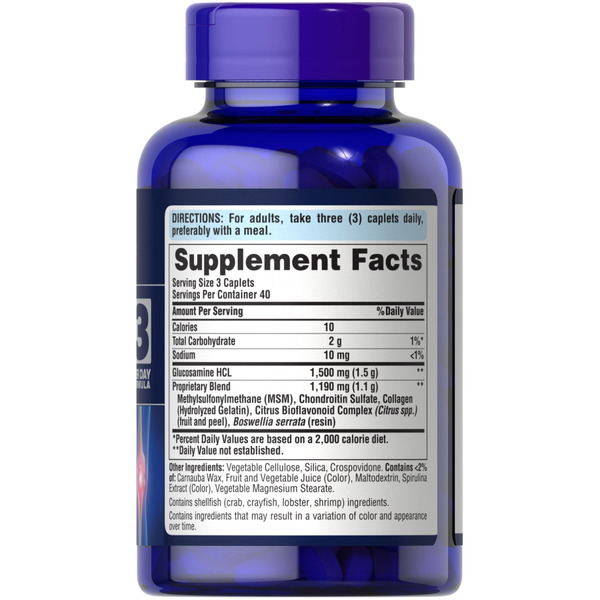 Препарат для суставов и связок Puritan's Pride Glucosamine Chondroitin MSM 3 Per Day Formula, 120 каплет. Фото 2