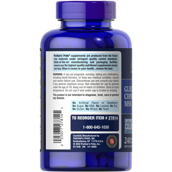 Препарат для суставов и связок Puritan's Pride Glucosamine Chondroitin MSM 3 Per Day Formula, 240 каплет. Фото 3