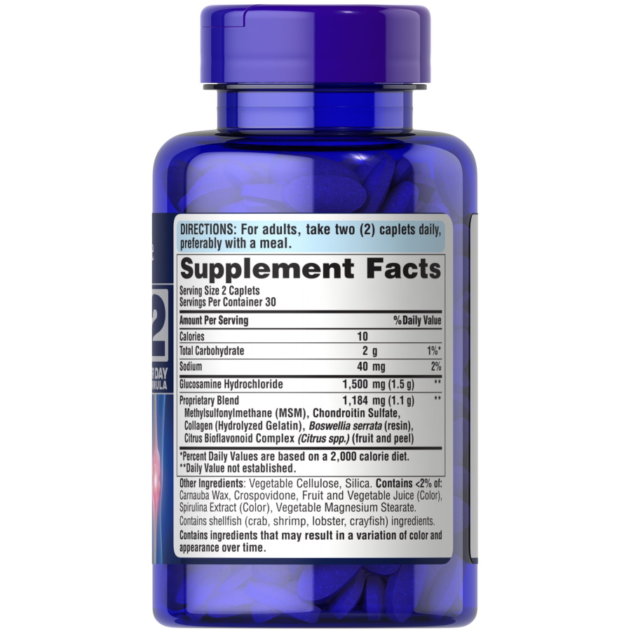Препарат для суглобів і зв'язок Puritan's Pride Glucosamine Chondroitin MSM 2 Per Day Formula, 60 каплет. Фото 2