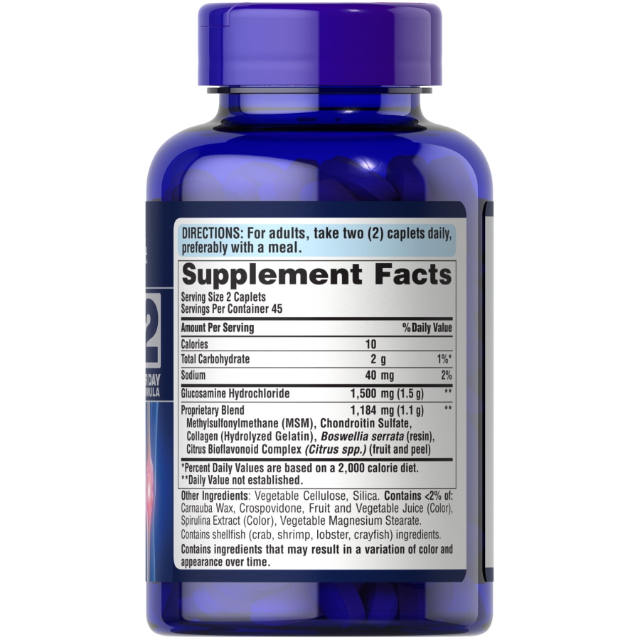 Препарат для суглобів і зв'язок Puritan's Pride Glucosamine Chondroitin MSM 2 Per Day Formula, 90 каплет. Фото 2