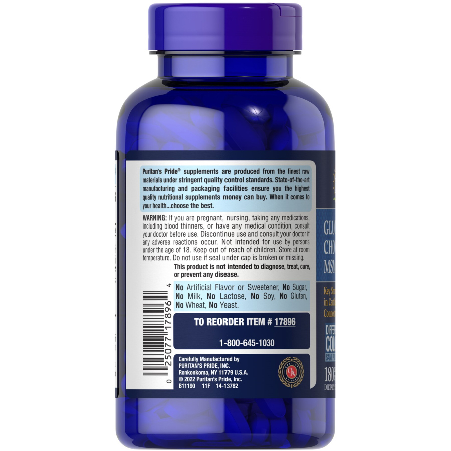 Препарат для суставов и связок Puritan's Pride Glucosamine Chondroitin MSM 2 Per Day Formula, 180 каплет. Фото 3
