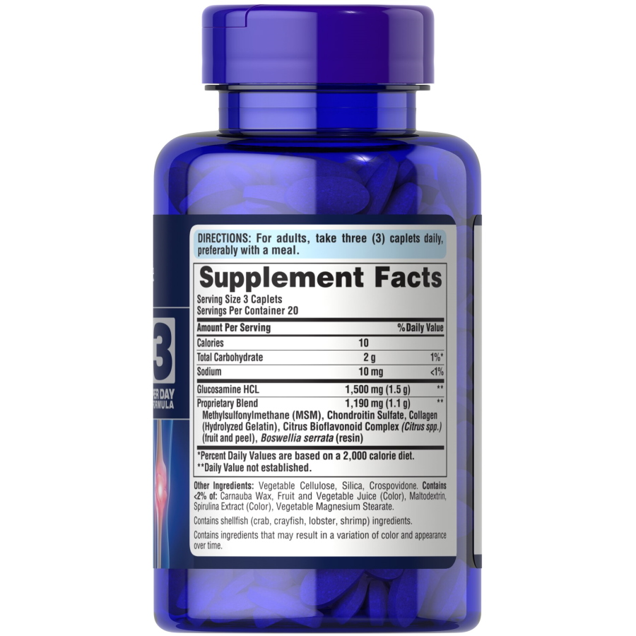 Препарат для суглобів і зв'язок Puritan's Pride Glucosamine Chondroitin MSM 3 Per Day Formula, 60 каплет. Фото 2