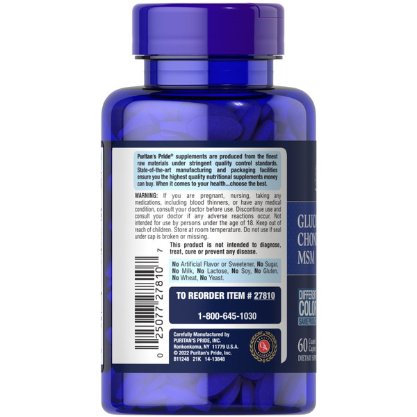 Препарат для суглобів і зв'язок Puritan's Pride Glucosamine Chondroitin MSM 3 Per Day Formula, 60 каплет. Фото 3