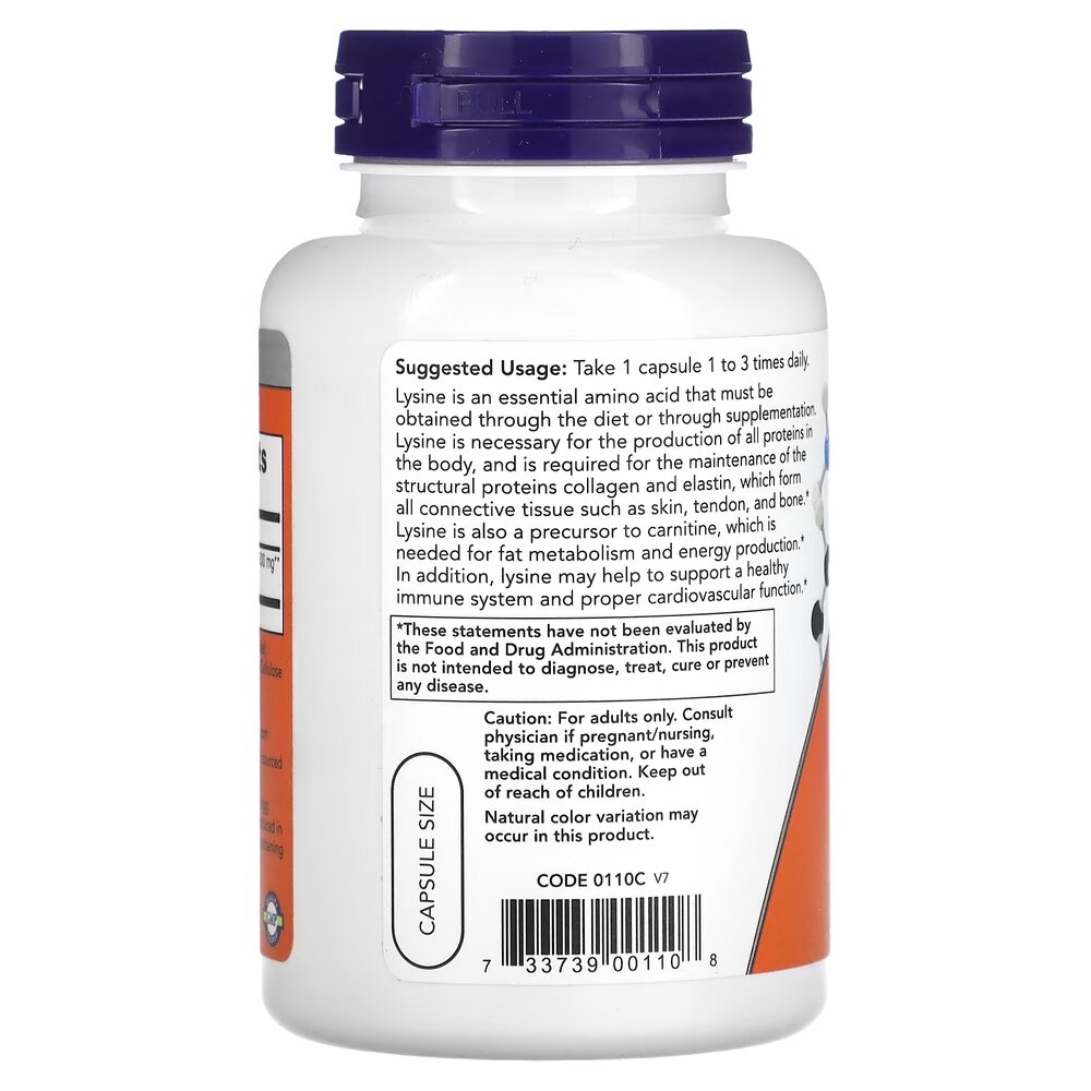 Амінокислота NOW L-Lysine 500 mg, 100 капсул. Фото 3