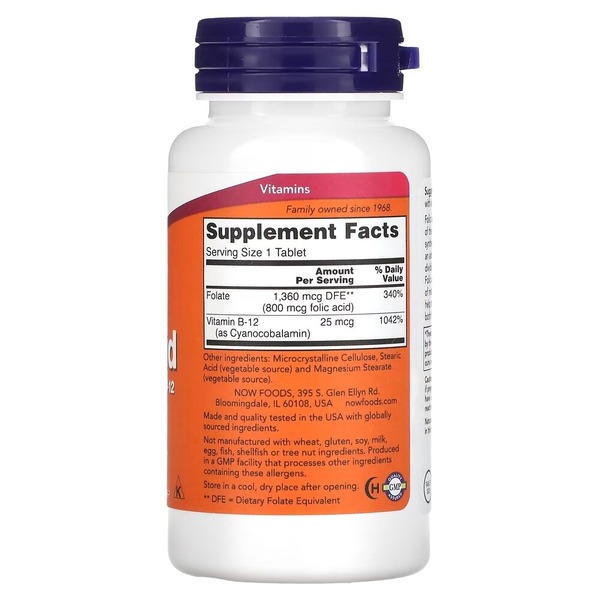 Вітаміни та мінерали NOW Folic Acid 800 mcg with Vitamin B12, 250 таблеток. Фото 2