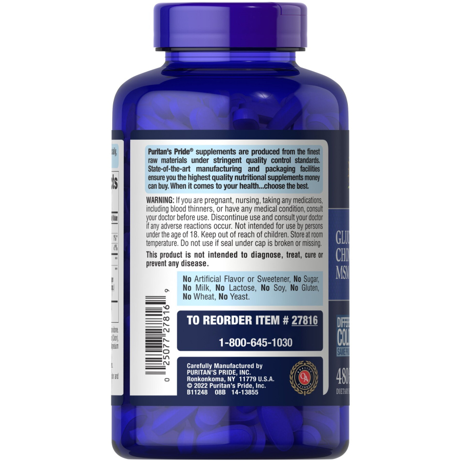 Препарат для суглобів і зв'язок Puritan's Pride Glucosamine Chondroitin MSM 3 Per Day Formula, 480 каплет. Фото 3