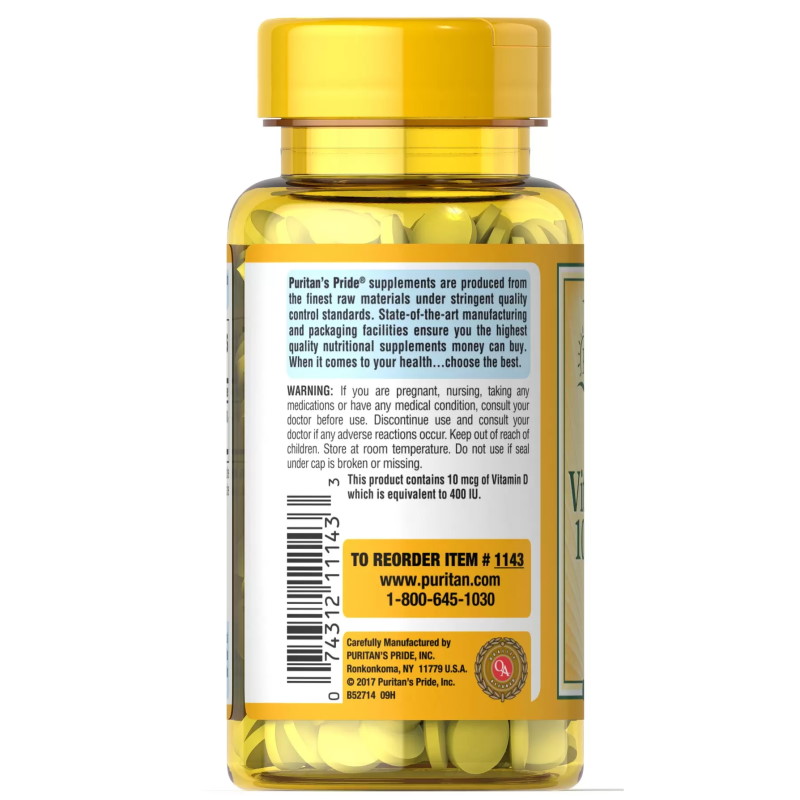 Витамины и минералы Puritan's Pride Vitamin D3 400 IU, 250 таблеток. Фото 3