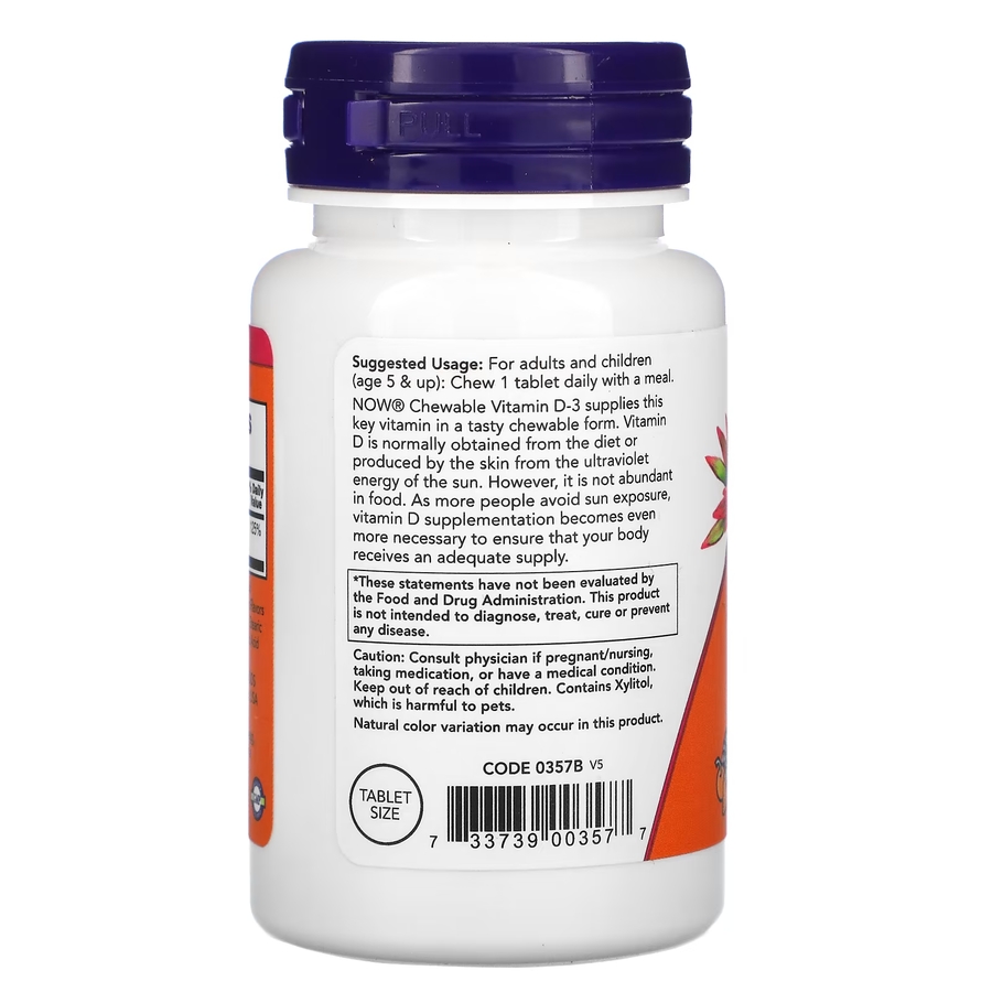 Витамины и минералы NOW Vitamin D3 1000 IU, 180 жевательные таблетки. Фото 3