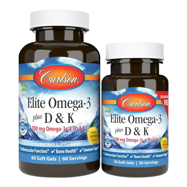 Жирні кислоти Carlson Labs Elite Omega-3 plus D3 and K2, 60+30 капсул