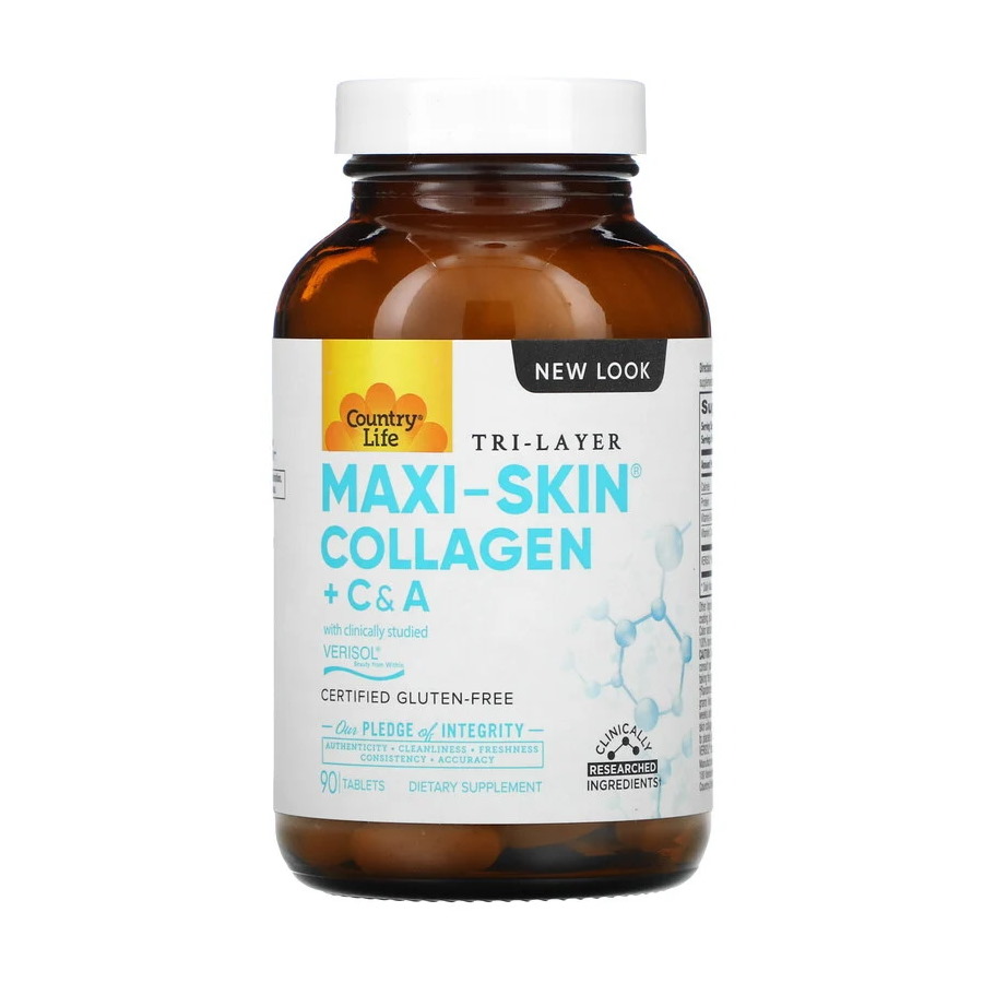 Натуральна добавка Country Life Maxi-Skin Collagen + C and A, 90 таблеток