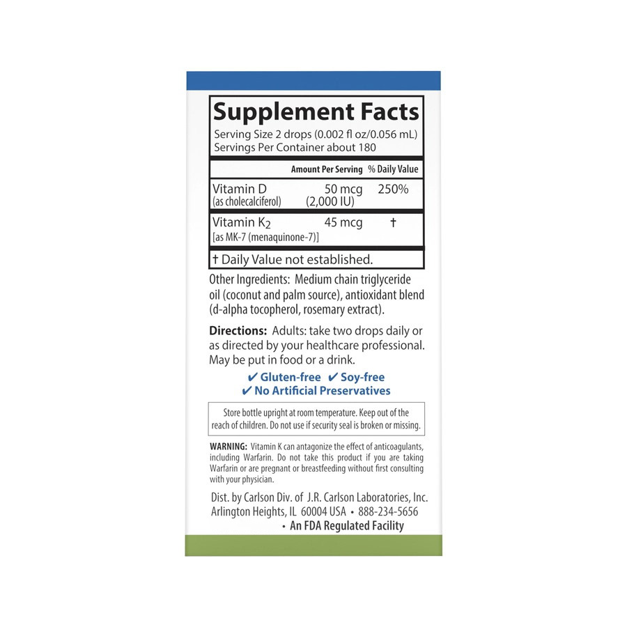Вітаміни та мінерали Carlson Labs Super Daily D3+K2 2000 IU/45 mcg, 10.16 мл. Фото 3
