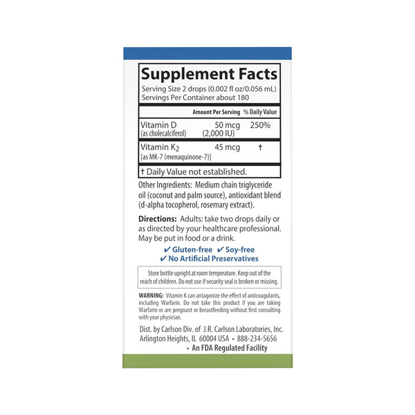 Вітаміни та мінерали Carlson Labs Super Daily D3+K2 2000 IU/45 mcg, 10.16 мл. Фото 3