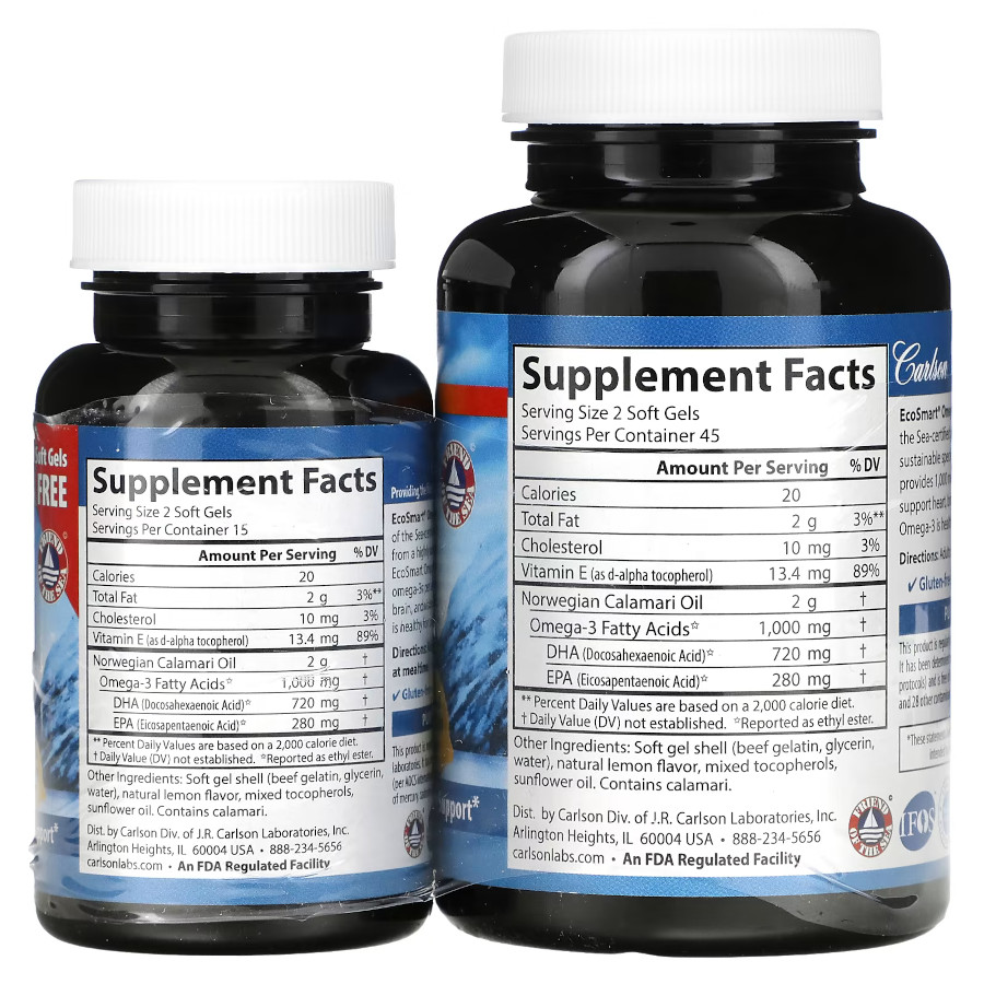 Жирні кислоти Carlson Labs EcoSmart Omega 3, 90+30 капсул. Фото 2