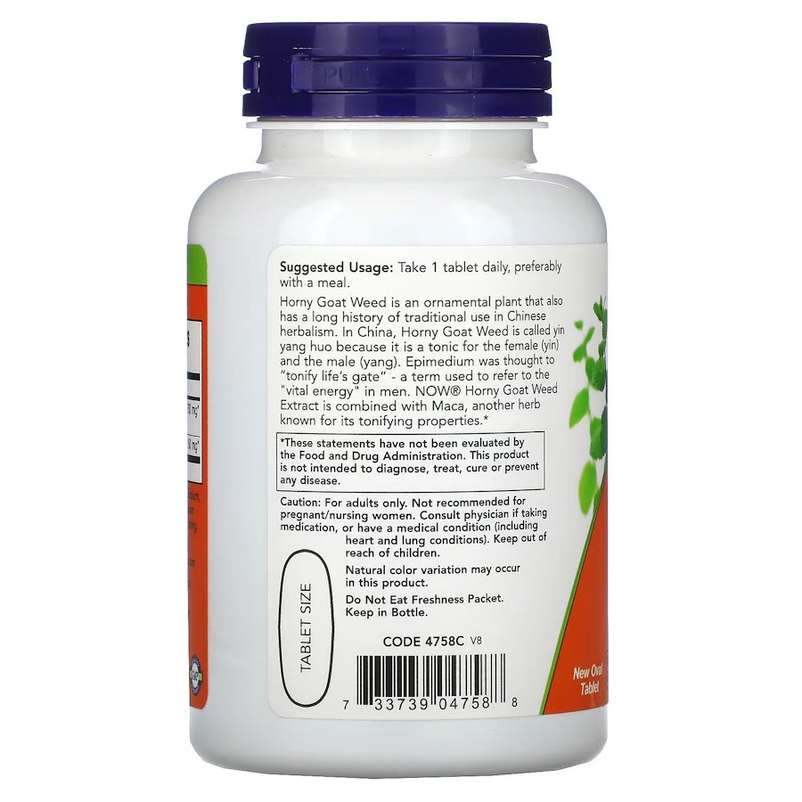 Натуральна добавка NOW Horny Goat Weed 750 mg, 90 таблеток. Фото 3