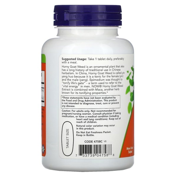 Натуральна добавка NOW Horny Goat Weed 750 mg, 90 таблеток. Фото 3