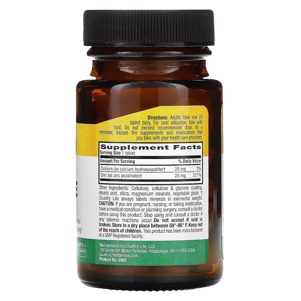 Вітаміни та мінерали Country Life Zinc Picolinate 25 mg, 100 таблеток. Фото 2