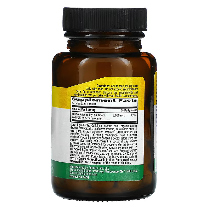 Вітаміни та мінерали Country Life Dry Vitamin A 10000 IU, 100 таблеток. Фото 2