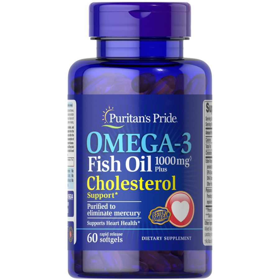 Жирные кислоты Puritan's Pride Omega 3 Fish Oil 1000 mg plus Cholesterol Support, 60 капсул
