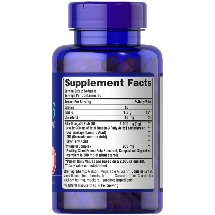 Жирные кислоты Puritan's Pride Omega 3 Fish Oil 1000 mg plus Cholesterol Support, 60 капсул. Фото 2
