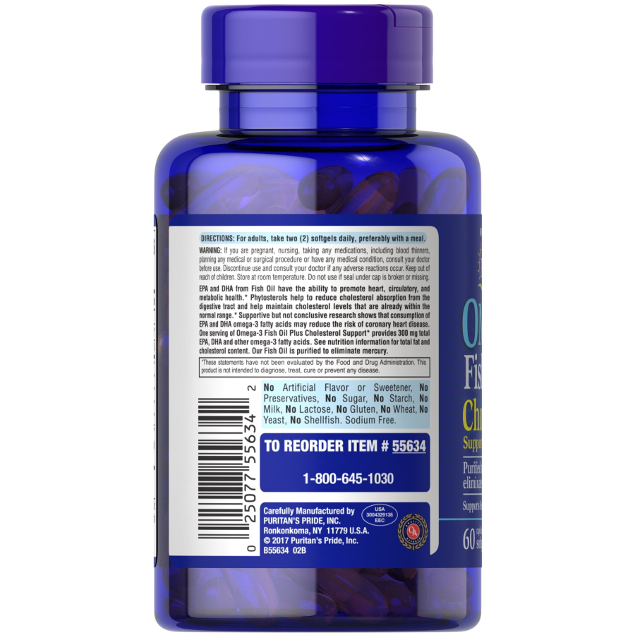Жирные кислоты Puritan's Pride Omega 3 Fish Oil 1000 mg plus Cholesterol Support, 60 капсул. Фото 3
