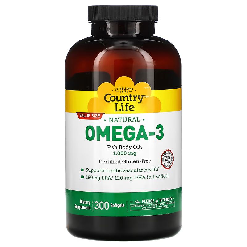 Жирні кислоти Country Life Omega-3 1000 mg Natural, 300 капсул